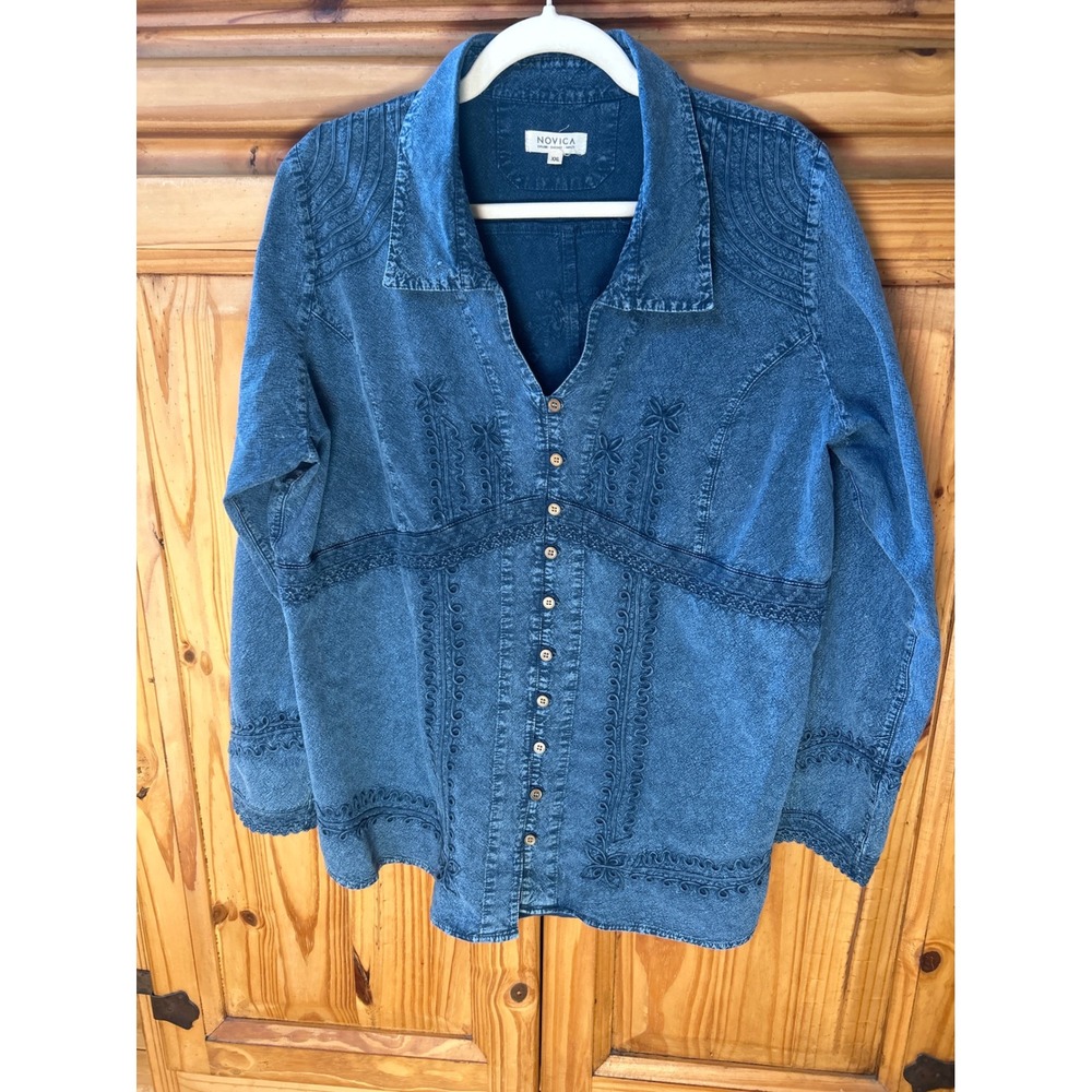 Novica Womens XXL Blue Cotton Embroidered Button Down Shirt Crochet Trim Peru